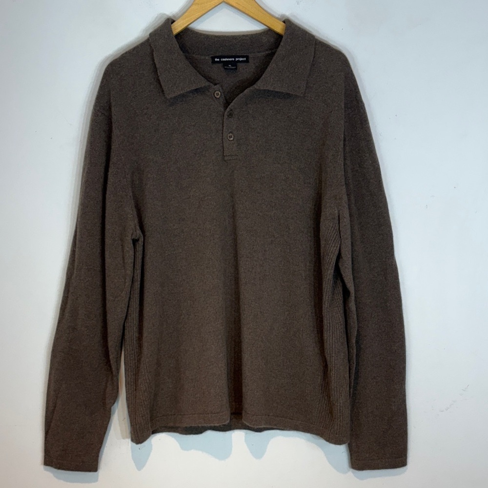 The Cashmere Project 100% Cashmere Sweater XL Brown Polo Collar Luxury Knit